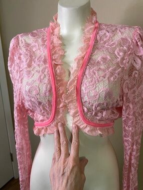 Laura Byrnes pin up pink sheer lace velvet trim bolero retro jacket 2X💕